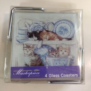 Cat Coasters Set 4 Square Glass with Chrome Silver Holder Kittens In Teacup NEW